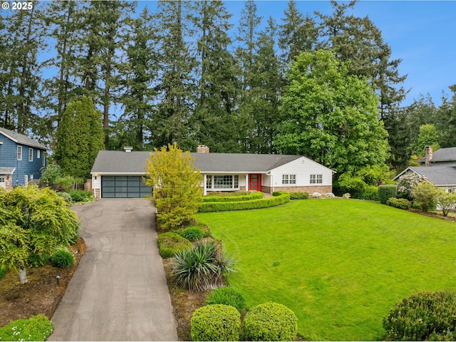 2585 Dellwood Dr, Lake Oswego, OR 97034 - ranch-style house with aphalt driveway, a chimney, and a front lawn
