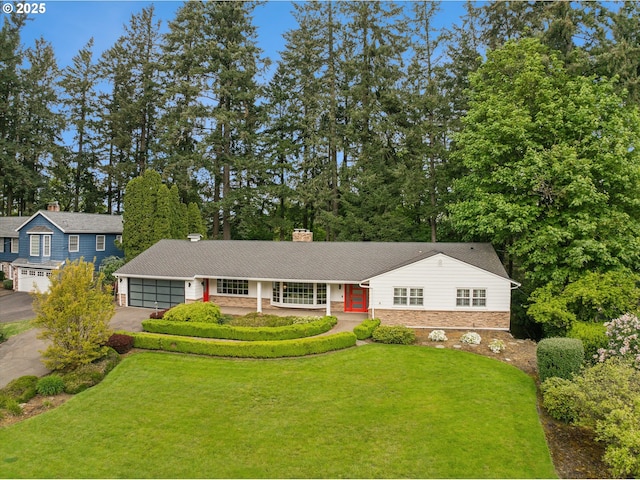 2585 Dellwood Dr, Lake Oswego, OR 97034 - ranch-style home featuring a chimney, a front yard, a garage, aphalt driveway, and stone siding