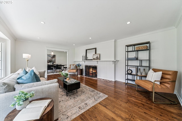 2585 Dellwood Dr, Lake Oswego, OR 97034 - living area featuring recessed lighting, ornamental molding, a brick fireplace, and wood finished floors