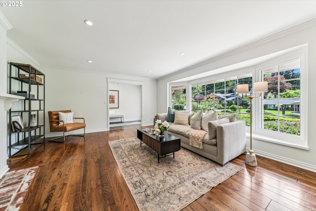 2585 Dellwood Dr, Lake Oswego, OR 97034 - living area with recessed lighting, baseboards, ornamental molding, and hardwood / wood-style floors