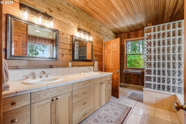 bathroom with vanity, tile patterned floors, wood ceiling, and wood walls