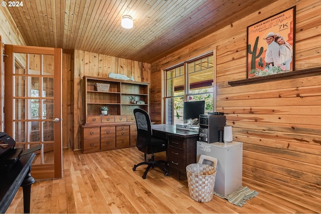 office area with light hardwood / wood-style floors, wooden ceiling, and wood walls