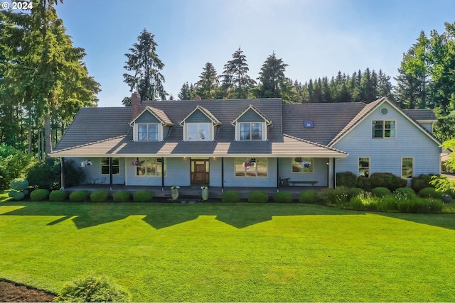 view of front of home with covered porch and a front lawn