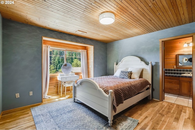 bedroom with light hardwood / wood-style floors and wood ceiling