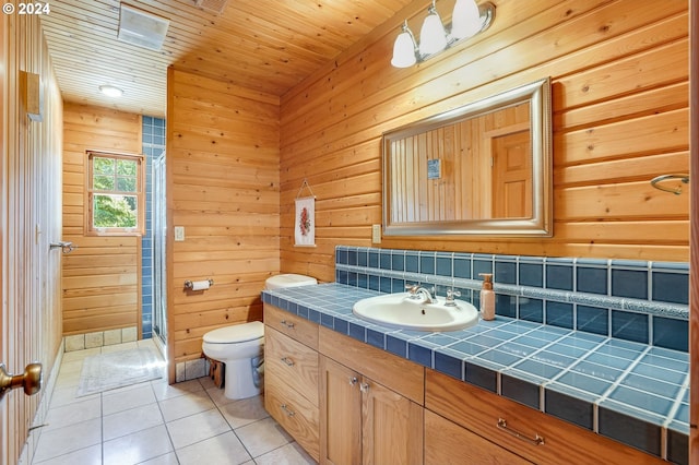 bathroom with tile patterned floors, toilet, wood ceiling, and wooden walls