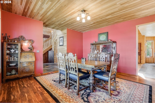 dining space featuring wooden ceiling, dark wood-type flooring, and wood walls