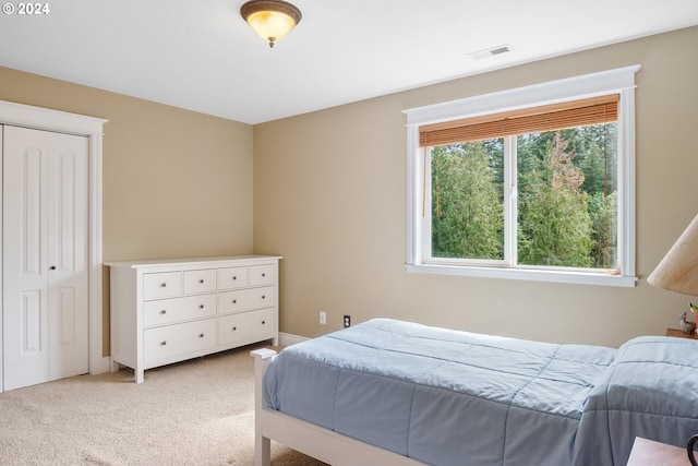 bedroom featuring light colored carpet and a closet