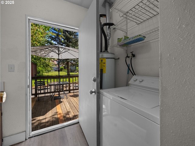 430 SE Elliott Ave, Gresham, OR 97080 - clothes washing area featuring washer / clothes dryer, laundry area, wood finished floors, and water heater