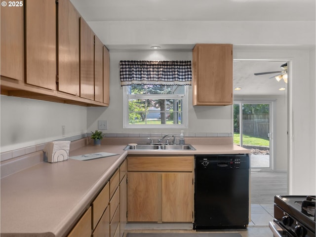 430 SE Elliott Ave, Gresham, OR 97080 - kitchen with light countertops, a ceiling fan, a sink, and black appliances