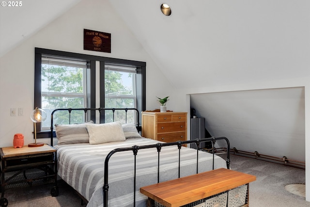 bedroom with carpet floors and lofted ceiling