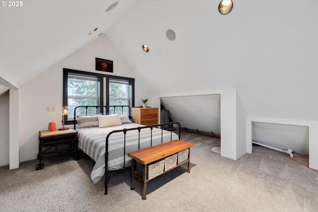 bedroom with lofted ceiling and carpet