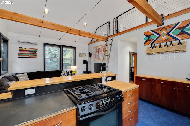 kitchen with a wall unit AC, lofted ceiling with beams, open floor plan, and gas stove