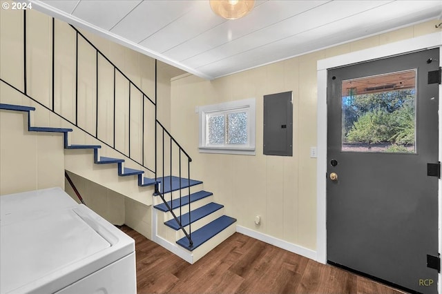 entrance foyer featuring electric panel, dark hardwood / wood-style flooring, a healthy amount of sunlight, and washing machine and clothes dryer