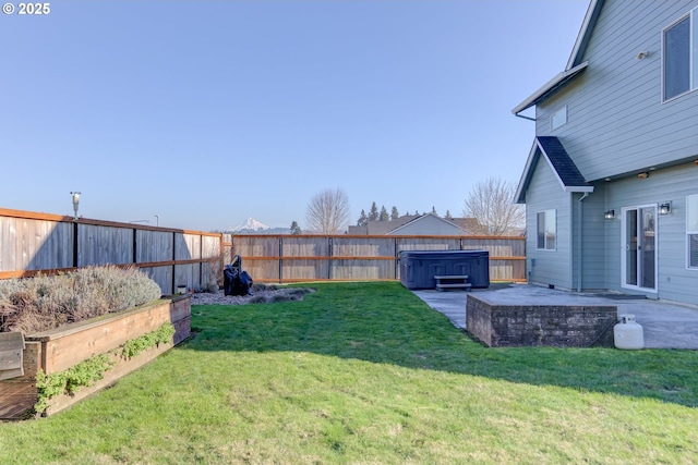 view of yard featuring a patio area and a hot tub