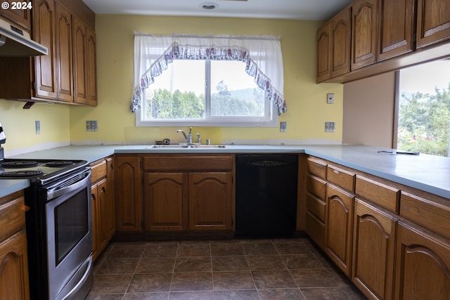 kitchen with dishwasher, stainless steel electric range oven, kitchen peninsula, and sink