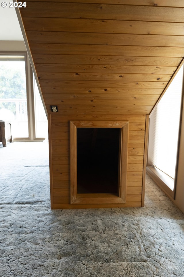 additional living space featuring lofted ceiling, wood walls, carpet flooring, and wooden ceiling