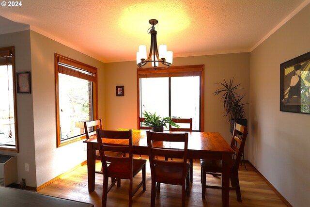 dining area featuring a textured ceiling, crown molding, a notable chandelier, and hardwood / wood-style floors