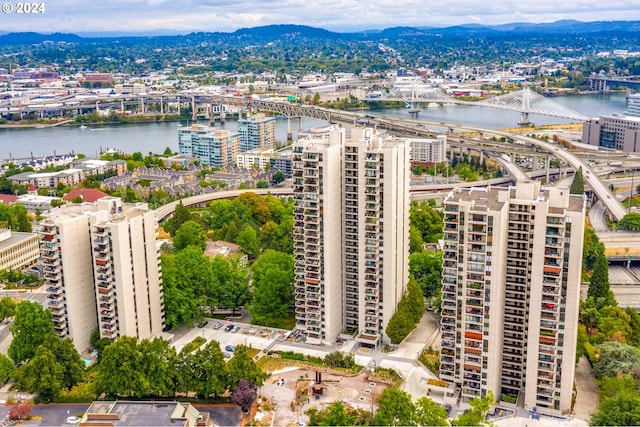 birds eye view of property with a water and mountain view