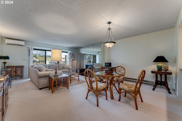 carpeted dining space with a healthy amount of sunlight, a baseboard heating unit, a wall mounted air conditioner, and a textured ceiling