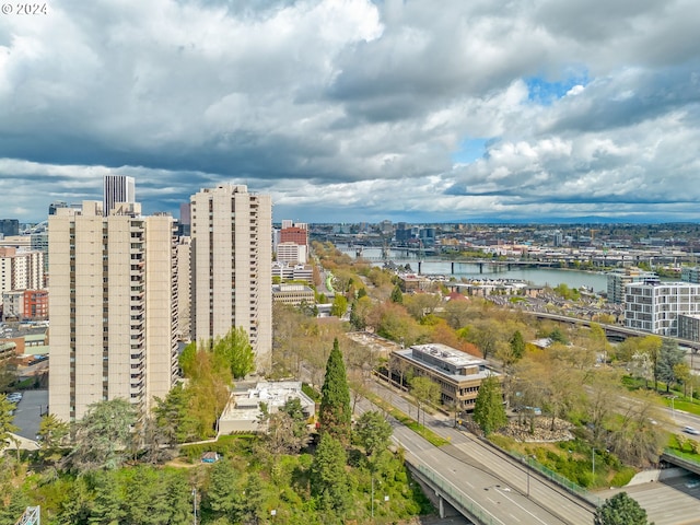 birds eye view of property with a water view