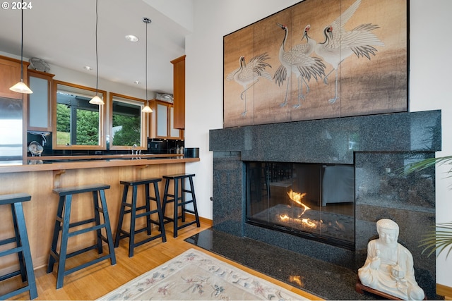 interior space featuring a glass covered fireplace and light wood-style flooring