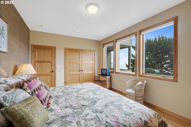 bedroom with a closet, baseboards, and wood finished floors