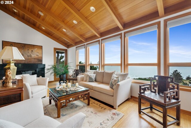 living room featuring a healthy amount of sunlight, wooden ceiling, and a water view