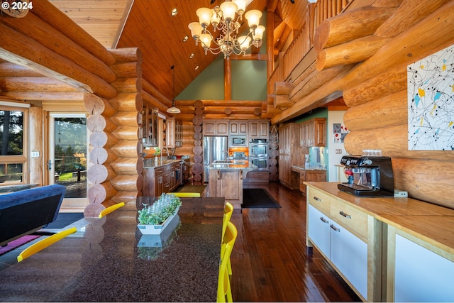 kitchen with log walls, dark wood-type flooring, high vaulted ceiling, stainless steel appliances, and a center island