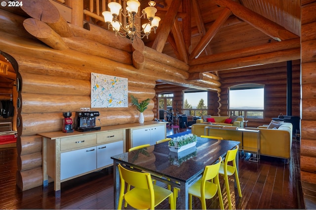 kitchen with log walls, dark hardwood / wood-style flooring, a chandelier, and white cabinets