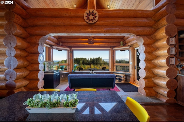 living room with wood ceiling, rustic walls, and dark wood-type flooring