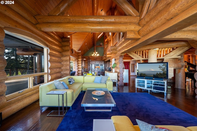 living room with wood ceiling, lofted ceiling with beams, a chandelier, dark hardwood / wood-style floors, and rustic walls