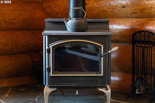 interior details with a wood stove