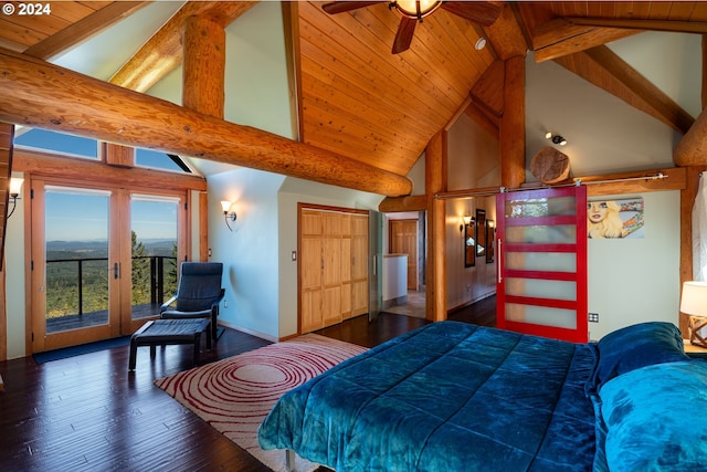 bedroom with beam ceiling, access to outside, high vaulted ceiling, dark hardwood / wood-style flooring, and ceiling fan