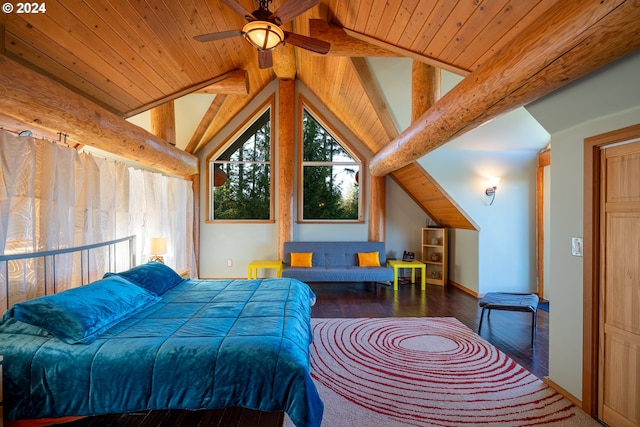 bedroom featuring wood ceiling, lofted ceiling with beams, dark hardwood / wood-style floors, and ceiling fan