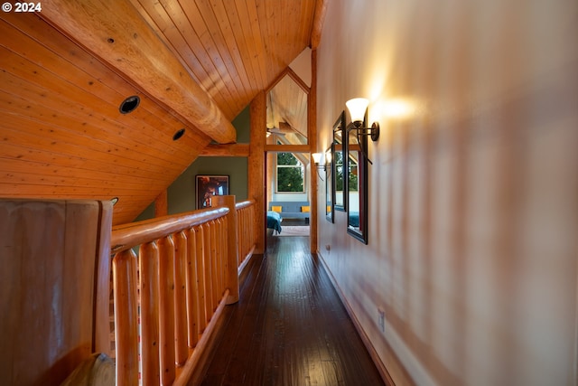 hallway with wood ceiling, vaulted ceiling, and dark hardwood / wood-style flooring