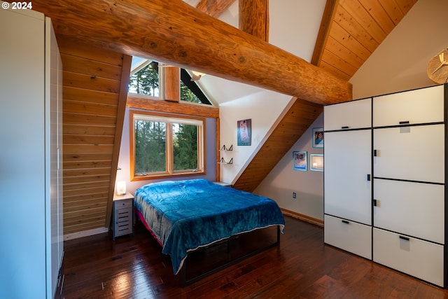 bedroom with wooden ceiling, dark hardwood / wood-style floors, beamed ceiling, and high vaulted ceiling