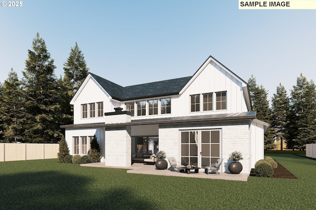 rear view of property featuring brick siding, a patio, a shingled roof, and board and batten siding