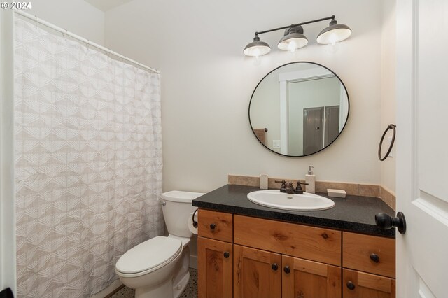 bathroom with toilet, vanity, and curtained shower