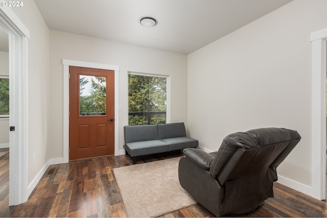 foyer featuring baseboards and dark wood-style flooring