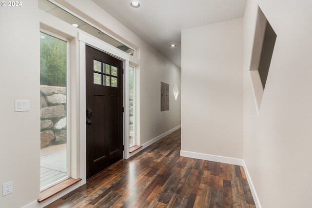 foyer entrance with electric panel and dark hardwood / wood-style floors