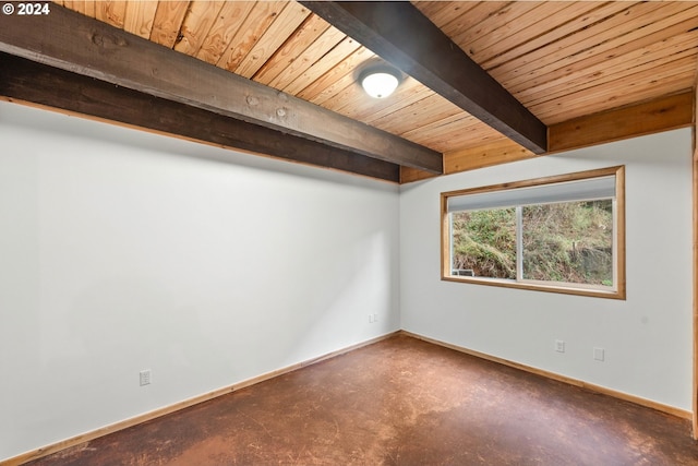 unfurnished room featuring beam ceiling, wooden ceiling, baseboards, and concrete flooring