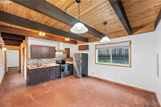 kitchen with baseboards, a sink, appliances with stainless steel finishes, wall chimney exhaust hood, and tasteful backsplash
