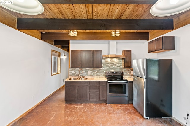 kitchen featuring a sink, decorative backsplash, appliances with stainless steel finishes, beamed ceiling, and wall chimney exhaust hood