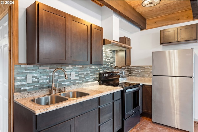 kitchen with a sink, appliances with stainless steel finishes, beamed ceiling, wall chimney exhaust hood, and backsplash