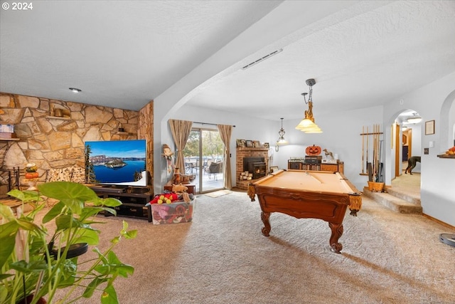 game room featuring french doors, carpet, a textured ceiling, and pool table