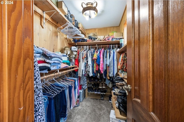 walk in closet featuring carpet flooring