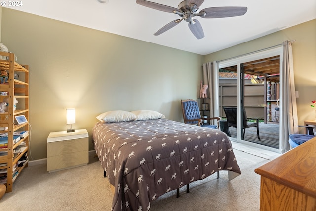 bedroom with ceiling fan, light carpet, and access to outside