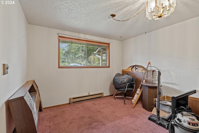 interior space with carpet floors, baseboard heating, a textured ceiling, and a notable chandelier