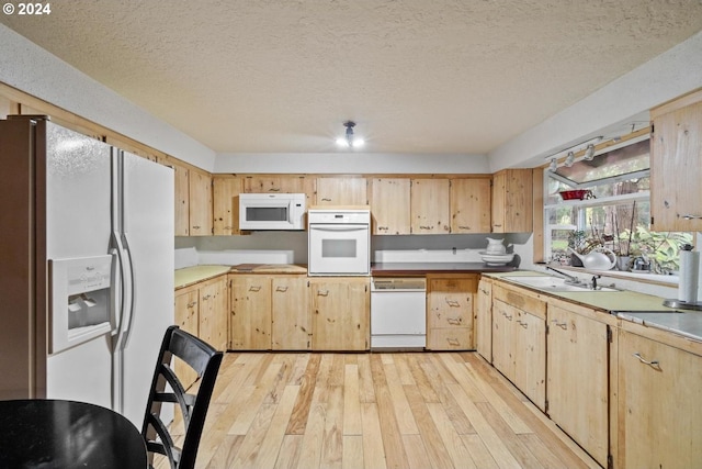 kitchen featuring white appliances, light wood-type flooring, light brown cabinetry, a textured ceiling, and sink