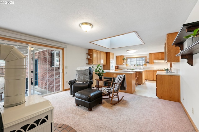 970 Kalmia St, Junction City, OR 97448 - living area featuring a skylight, light carpet, and a textured ceiling